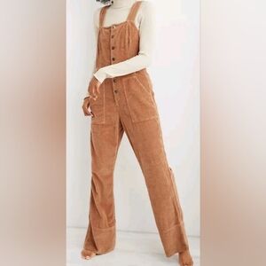 Aerie Kick Flare Thick Corduroy Wide Leg Jumpsuit Overalls Camel Tan WOMENS XS